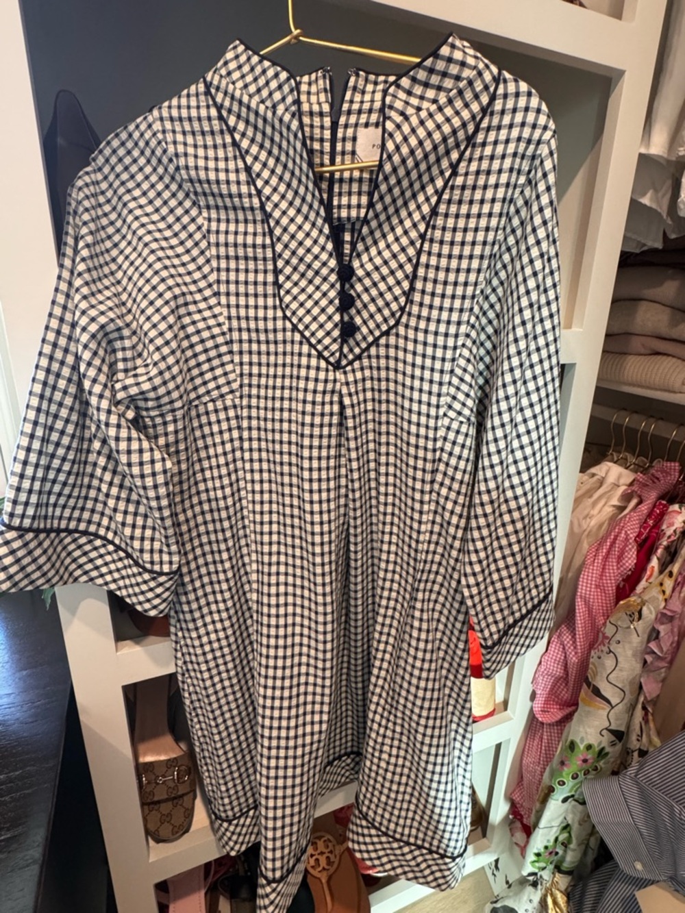 Pomander Place Navy and White Checked V-Neck Dress